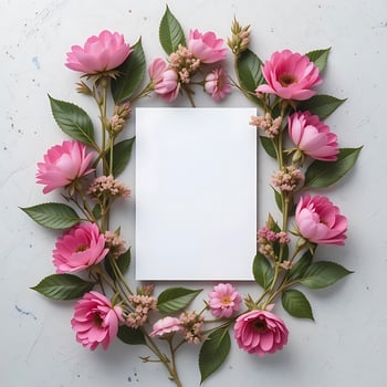 Pink Floral Delight Blank Card Mockup on Textured Surface. Perfect for invitations, announcements, photo