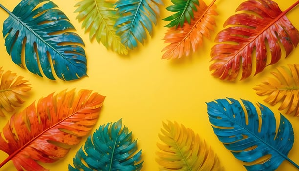 Vibrant Tropical Leaf Paradise Summer Background Design, Yellow Blue leaves foliage pattern photo