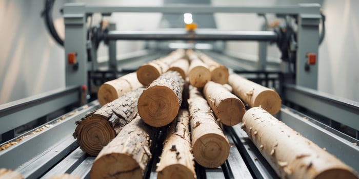 Logs are moving along conveyor belt in sawmill photo