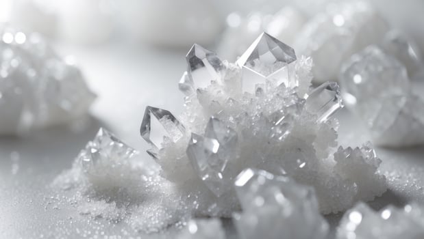 Close up of white sugar crystals with sparkling effect and irregular shapes photo