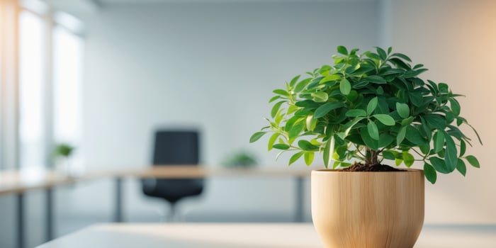 Modern Office Plant Green Potted Plant Interior Decor Office Space Wooden Pot photo