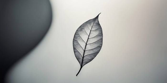 Abstract silhouette of a single leaf gracefully floating on a serene background contrasting dark and light shades photo