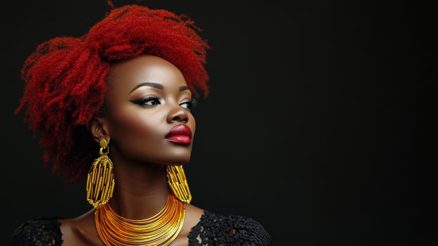 Beautiful woman with vibrant red hair and gold jewelry in studio photo