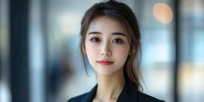 Young woman poses confidently in modern office setting with soft lighting and blurred background during daytime photo