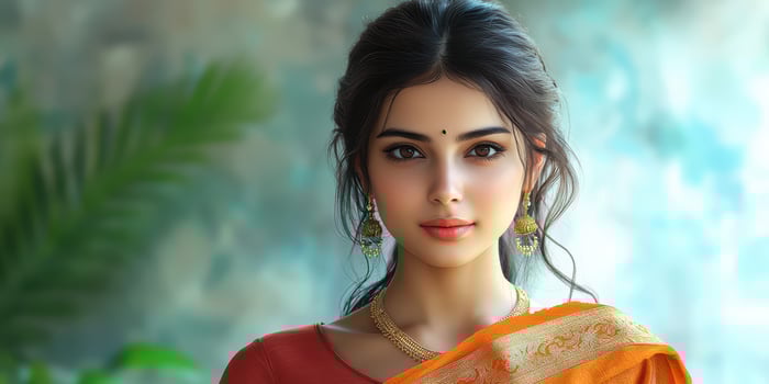 Young woman in traditional attire poses gracefully against a soft background in an indoor setting during daylight hours photo