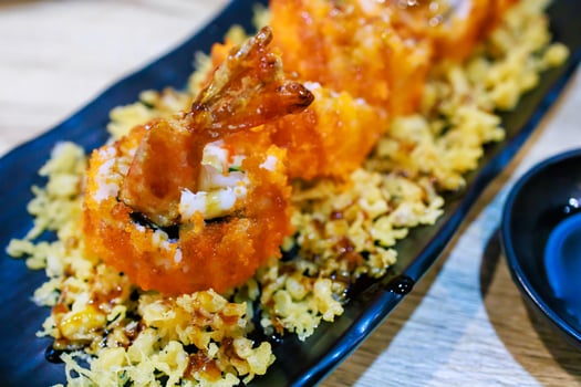 Top view of Salmon rolls, Delicious sushi with Shrimp fillet, focus selective photo