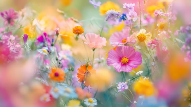 A field of colorful flowers with a blurry background photo