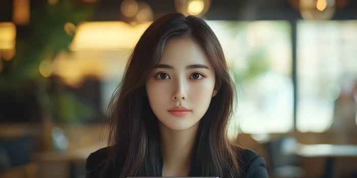 Young woman sits in a modern cafe with a laptop while enjoying a quiet afternoon in the city photo