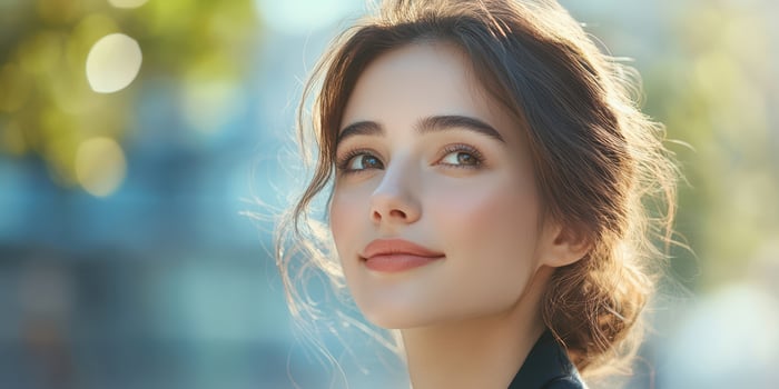 Woman enjoying a sunny day in an urban park with a serene expression and natural beauty on display photo