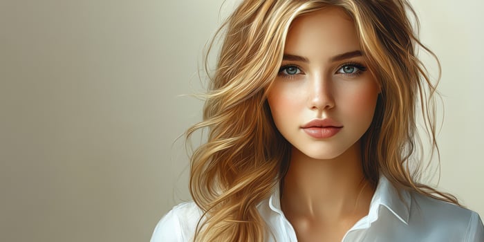 Beautiful young woman with long blonde hair and striking features in casual attire against a soft neutral background photo