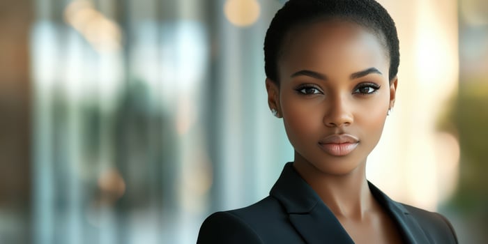 Portrait of a confident woman in a black suit standing outdoors during the day with blurred background elements creating a modern ambiance photo