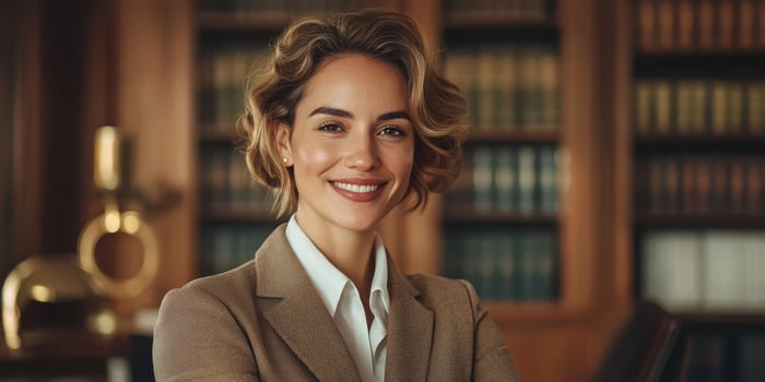 Confident professional woman smiling in an elegant office with bookshelves filled with literature photo
