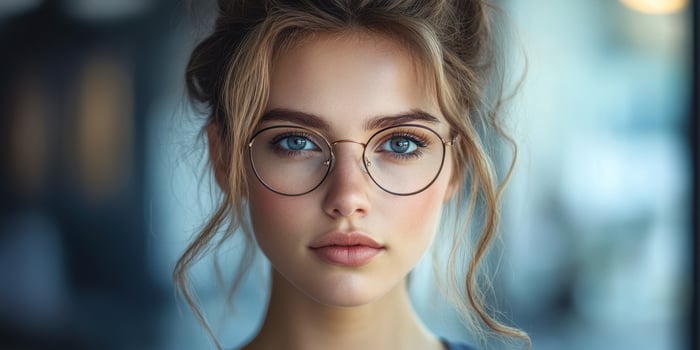 Young woman with glasses in a soft-focus background, showcasing her expressive blue eyes and natural beauty photo