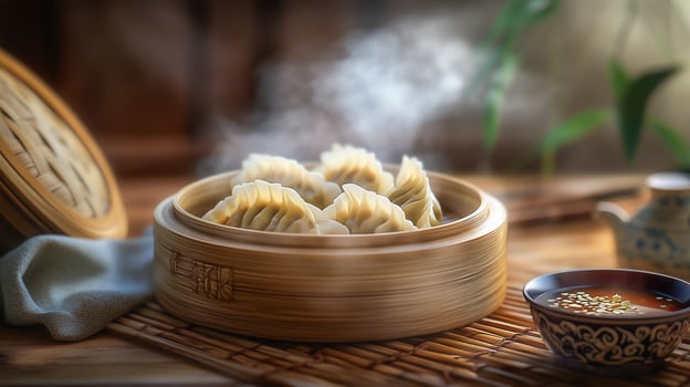 Steamed dumplings in a bamboo basket accompanied by dipping sauces, served in a warm and inviting setting. photo