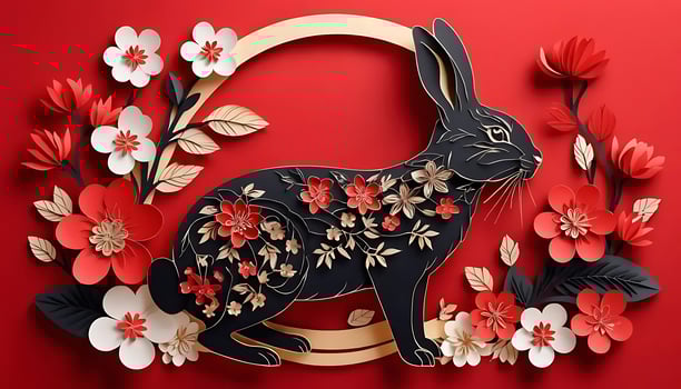 Elegant Chinese Rabbit Lunar New Year Banner with Intricate Paper-Cut Flowers. Red and Black Festive photo