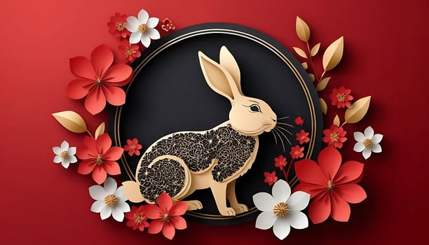 Happy Lunar New Year Cute Rabbit Paper Cut, Red Black Floral Design. Festive Banner for Chinese photo