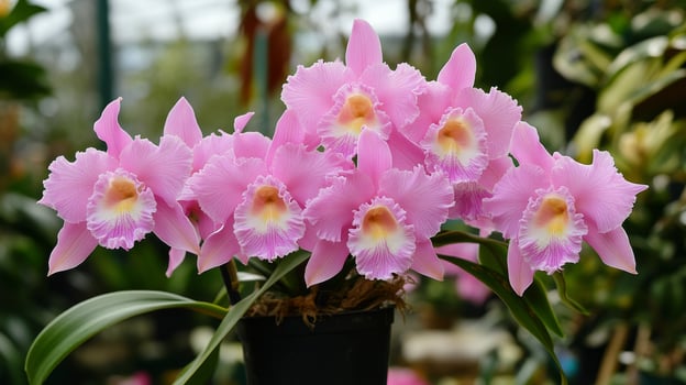 A group of pink orchids in a pot photo