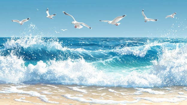 Sea gulls flying over the ocean waves photo