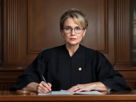 Woman judge at the bench in a courtroom photo