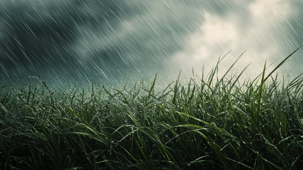 Rainy grass with dark clouds and rain photo