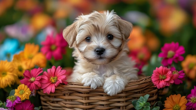 A small dog sitting in a basket of flowers photo