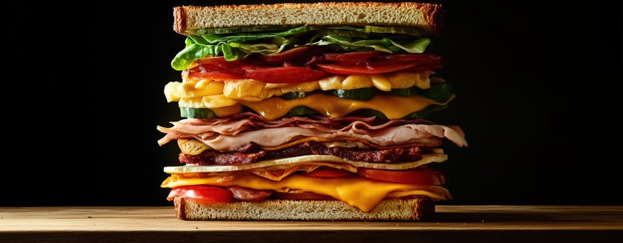Stacked sandwich with layers of meats, cheeses, vegetables, on a wooden board, dark background photo