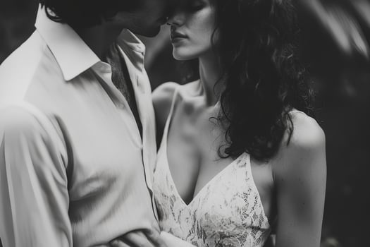 A beautiful moment of a bride and groom embracing and sharing a kiss on their wedding day, radiating love and joy photo