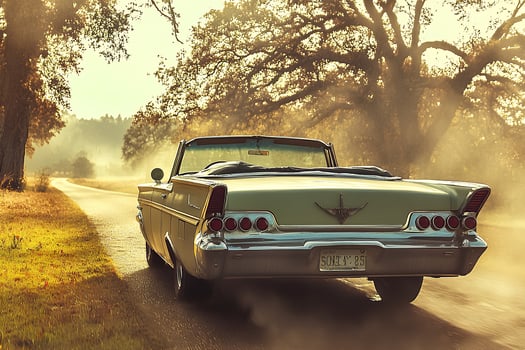A vintage American car drives along a quiet road, surrounded by a misty morning atmosphere, evoking a nostalgic and serene vibe photo