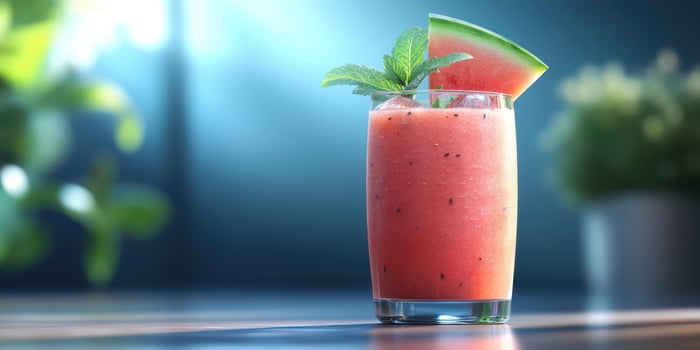 Refreshing watermelon smoothie served in clear glass with mint leaf on a wooden table, perfect for summer relaxation photo