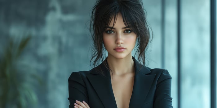 Confident businesswoman poses in a modern office setting with a striking expression during the daytime photo