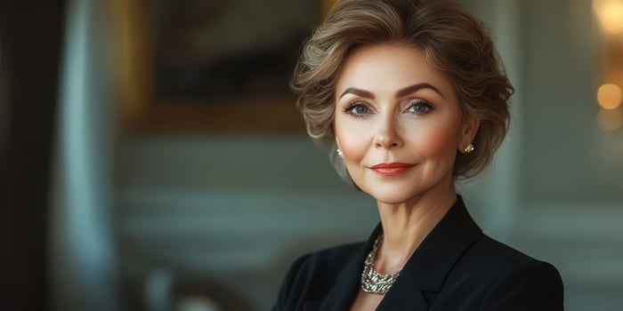 Elegant woman poses confidently in formal attire with soft lighting and stylish accessories in an upscale interior setting photo