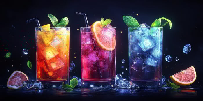 Refreshing mixed drinks with vibrant colors and fresh garnishes served in stylish glasses on a dark background photo
