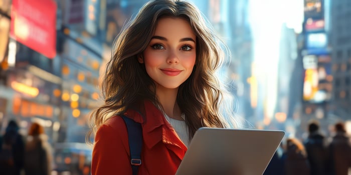 Young woman in a bright red jacket smiles while holding a tablet in a bustling city street during the evening photo