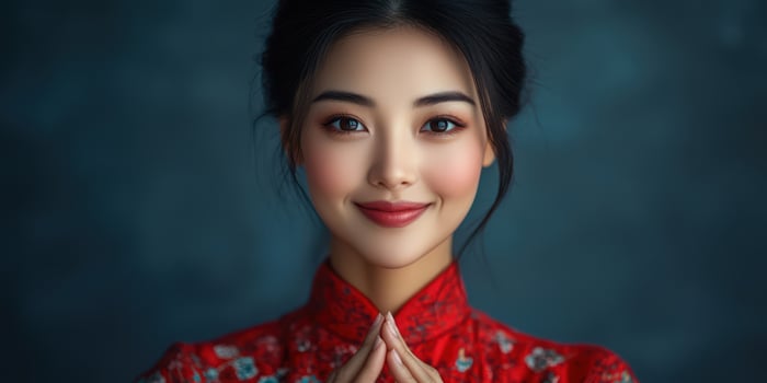 Elegant woman in traditional red dress poses serenely against a textured backdrop during cultural celebration photo