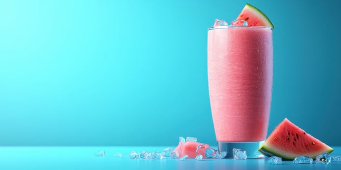 Refreshing watermelon smoothie served in a tall glass with ice and a slice of fruit on a bright turquoise background photo