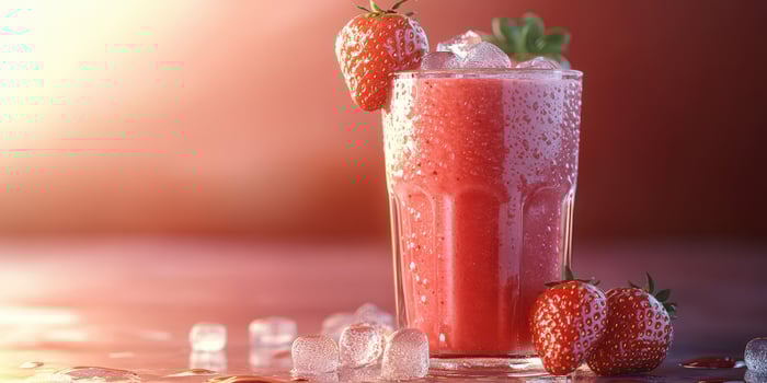 Refreshing strawberry smoothie served in a clear glass with ice and fresh strawberries on a warm afternoon photo