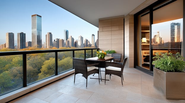 A balcony with a table and chairs overlooking the city photo
