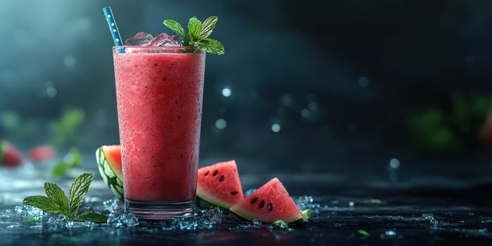 Refreshing watermelon smoothie served with mint leaves and ice in a dark setting during summer photo