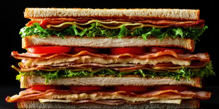 Delicious stacked sandwich with layers of meat, vegetables, and toasted bread for a satisfying meal experience photo