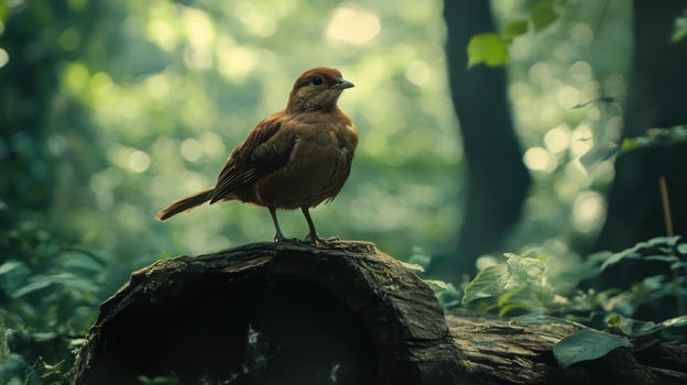 Bird perched on a log in a forest photo