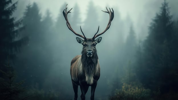 A majestic deer stands tall in a misty forest photo