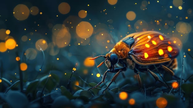 Close-up of a firefly on blades of grass at night photo