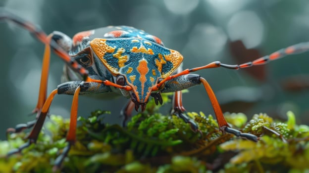 A close-up of a colorful beetle on green moss. photo
