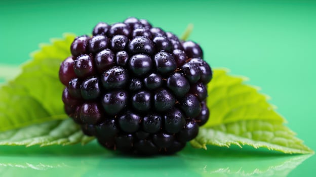 A close-up of a single blackberry with leaves photo