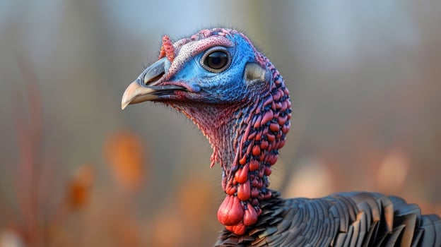 Close-up of a wild turkey showcasing vibrant colors in a natural forest setting photo