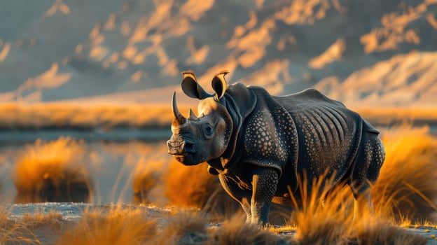 A majestic rhinoceros standing in a serene landscape with golden grasses and mountains in the background photo