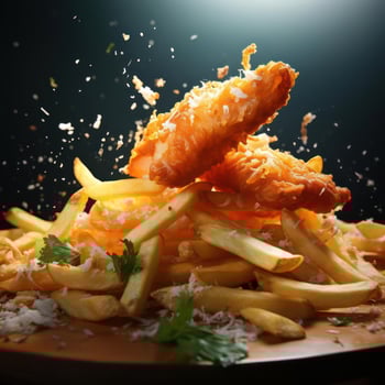 A plate of golden brown fish and chips topped with grated parmesan cheese. photo