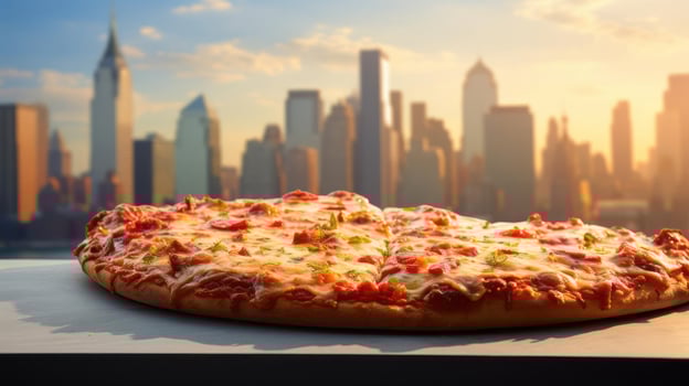 A pizza on a table with New York City skyline at sunset photo