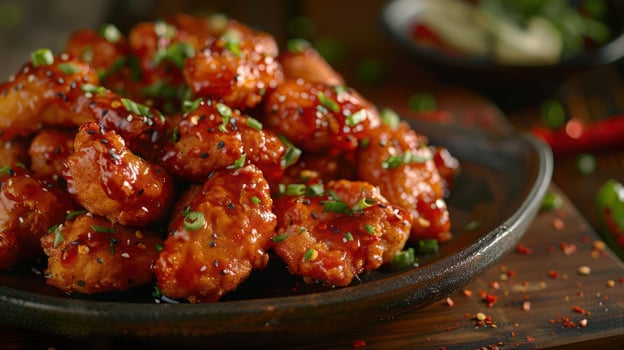 A close-up of glazed chicken wings garnished with green onions and sesame seeds. photo