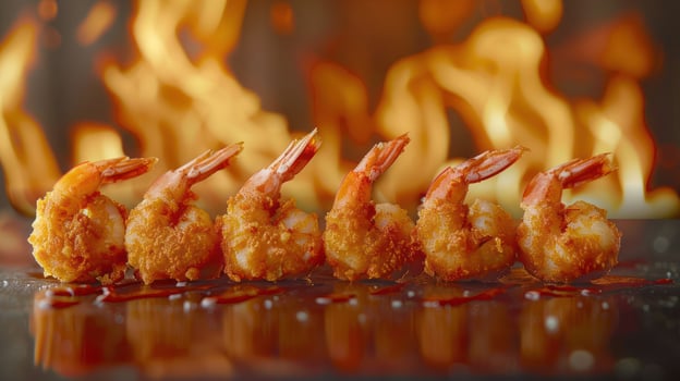 A row of fried shrimp with a fiery background, showcasing delicious seafood. photo